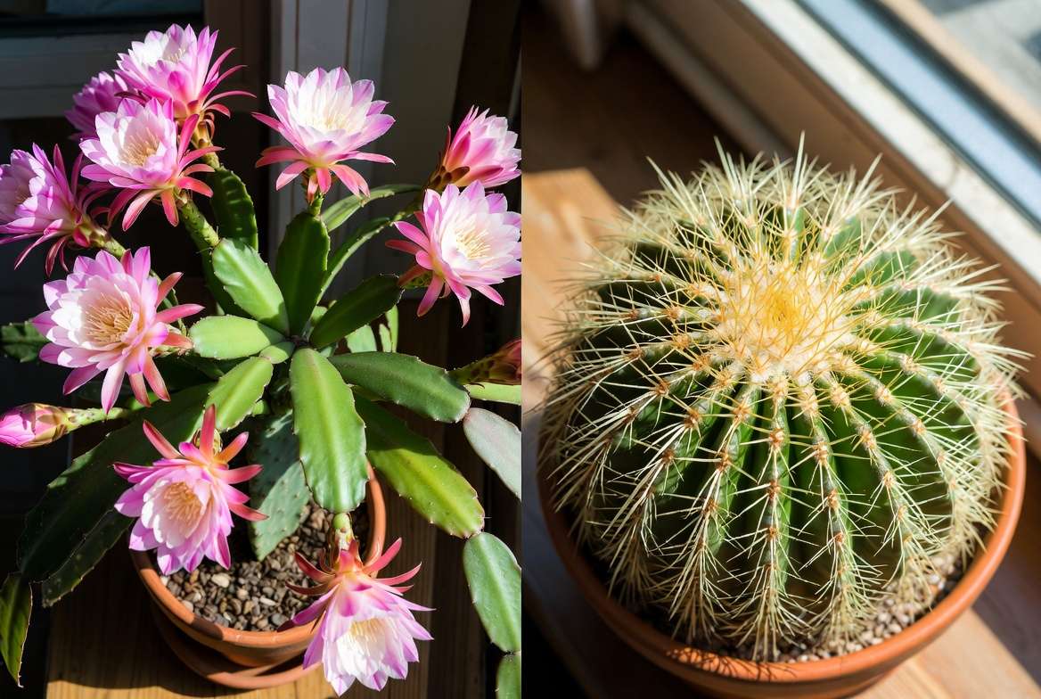 Side-by-side visual comparison of a flowering tropical Orchid Cactus (Epiphyllum) and a non-blooming desert Golden Barrel Cactus on a windowsill.