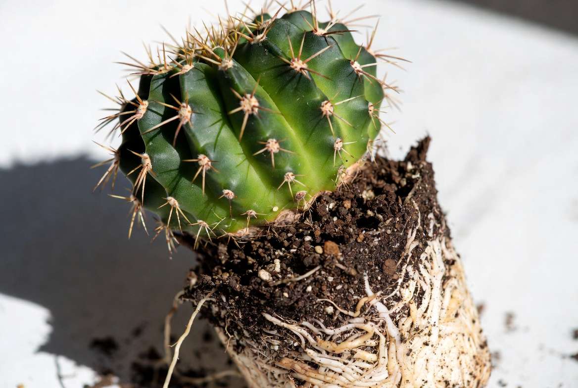 Root-bound cactus being removed from old pot during repotting showing healthy root