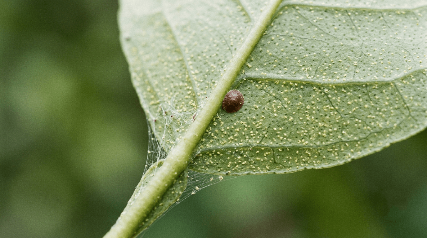 Macro view of spider mite webbing and yellow stippling damage on a citrus leaf.