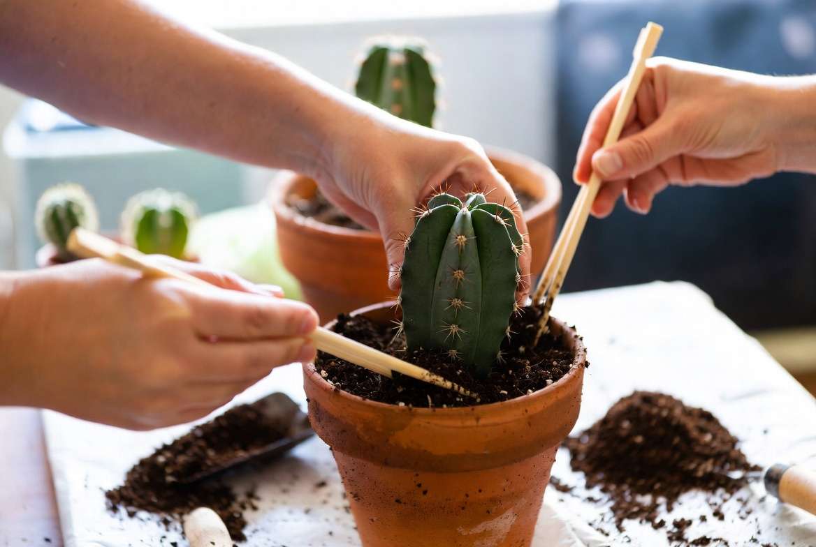 Step by step process of repotting cactus plants into fresh soil