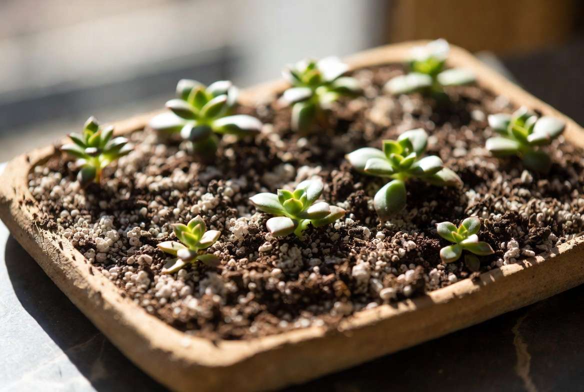 Succulent leaf cuttings laid flat on top of a gritty succulent soil mix inside a ceramic propagation tray.