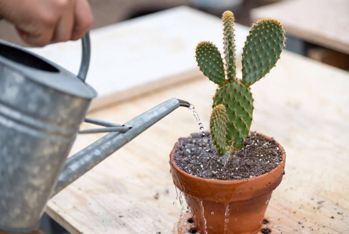 Instructional photograph showing a person gently applying liquid fertilizer from a precision watering can directly onto the soil at the base of a prickly pear cactus, with excess water draining out.