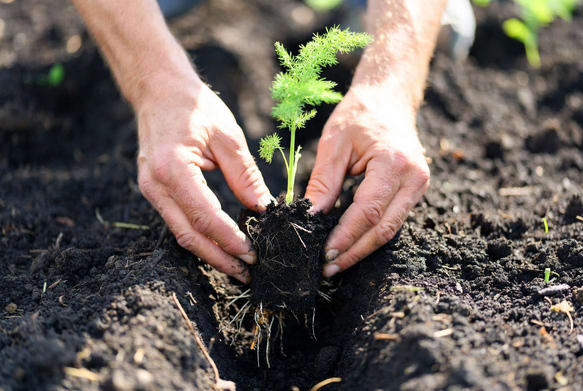 Step-by-step planting asparagus seedlings in garden trench