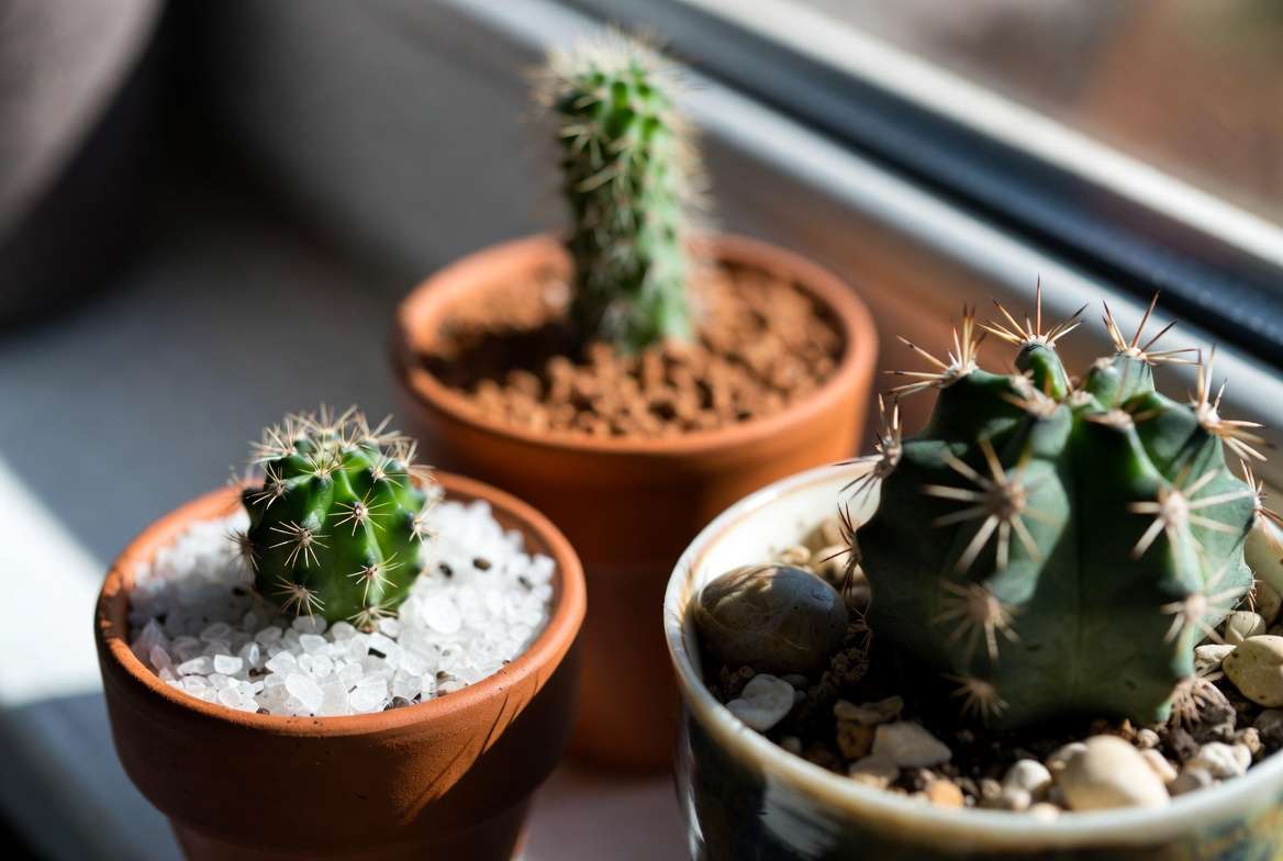 Close-up of professionally staged cacti on a windowsill, showcasing different pot materials and decorative top dressings like quartz gravel and river stones.