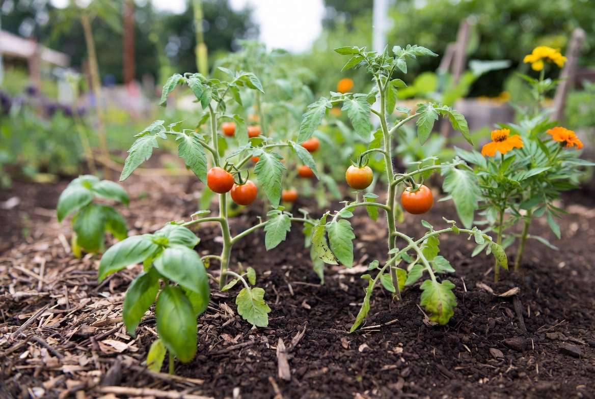 Organic companion planting with Mountain Fresh tomatoes and beneficial flowers