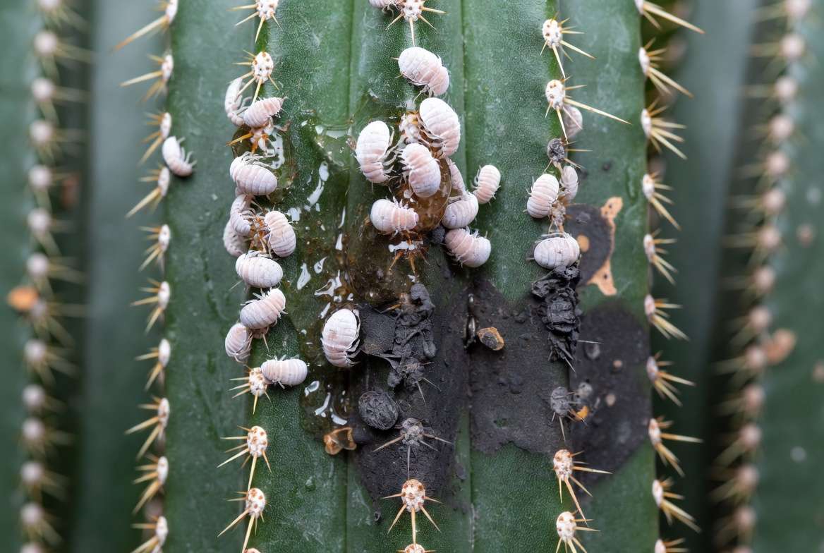 Close-up photo of sticky honeydew and black sooty mold fungus developing on a cactus stem infested with mealybugs.