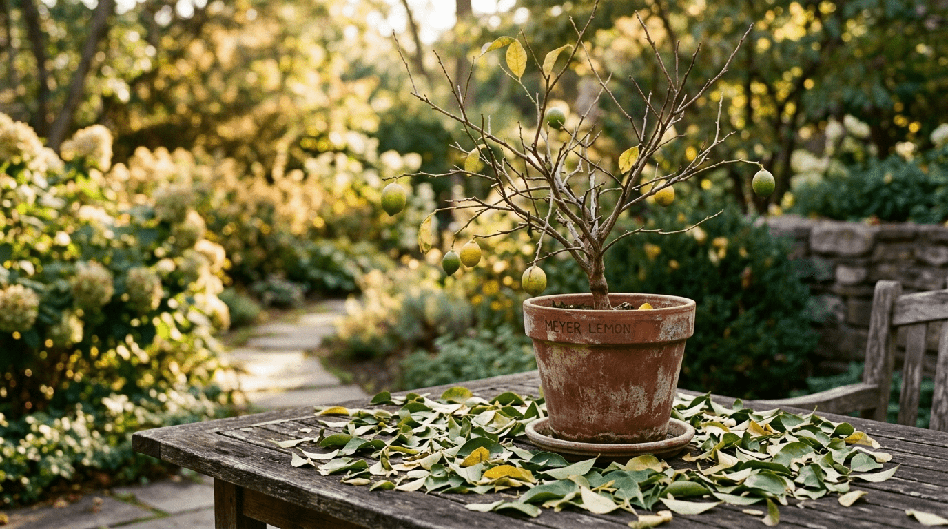 Potted Meyer lemon tree showing bare branches and fallen green leaves on a table.