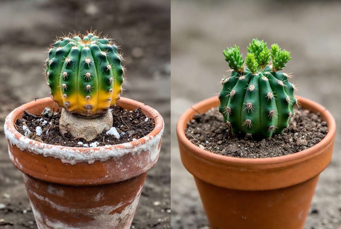 A comparison photo showing a sickly cactus with yellowing base and salt buildup on the left, contrasted with a healthy, recovered cactus in fresh, gritty soil on the right.