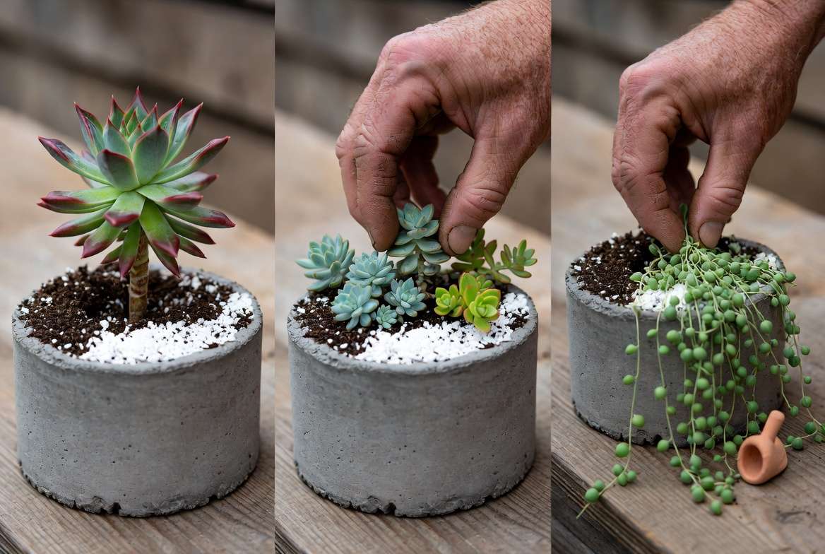 Three-frame sequence illustrating the planting of a central Echeveria 'Agavoides' (Thriller), adding Sedum clavatum and Crassula 'Springtime' clusters (Filler), and trailing String of Pearls (Spiller) into a single concrete container.