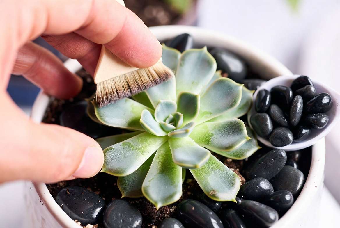 Close-up of a hand using a soft brush to clean a succulent favor.