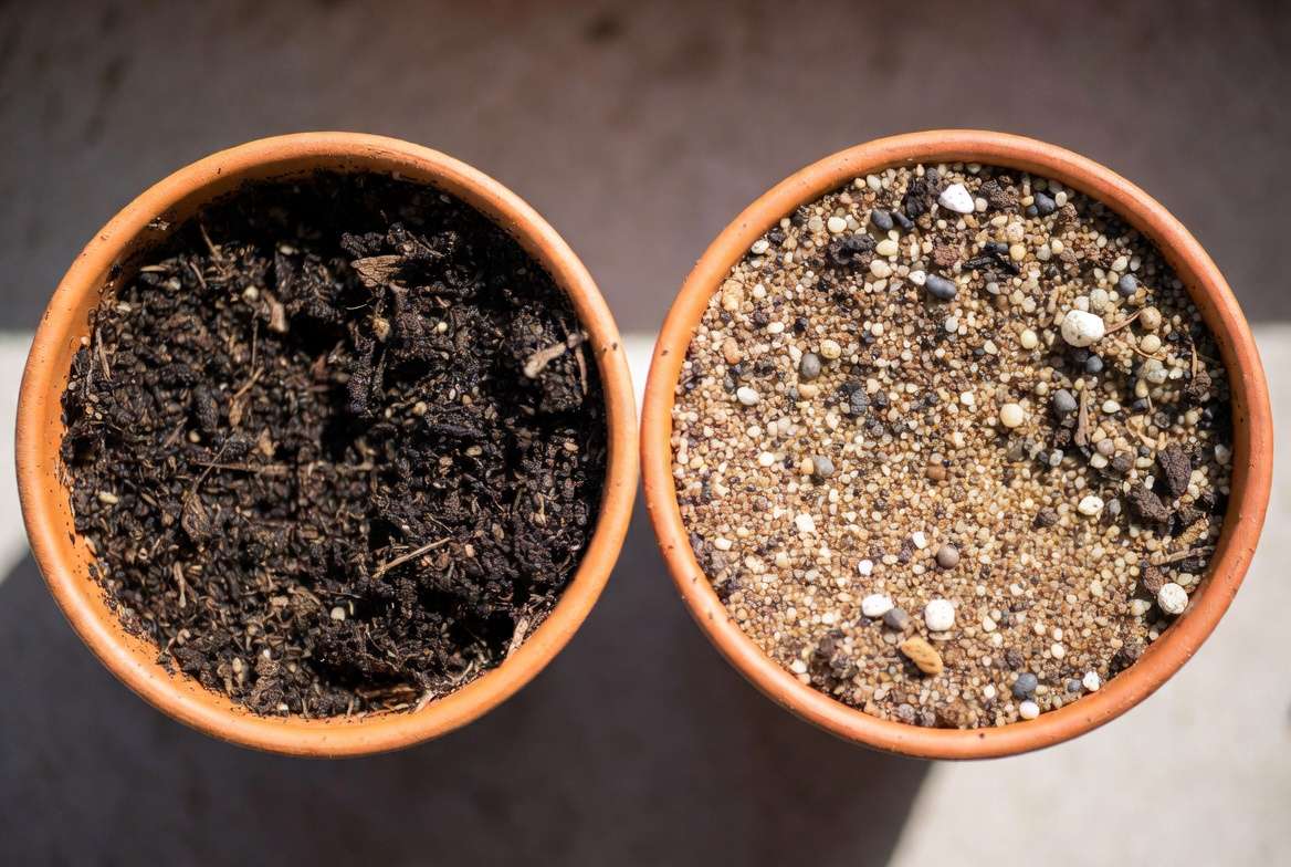 A comparison of dense standard potting soil versus a well-draining gritty mix of pumice and gravel for cactus prevention of rot.