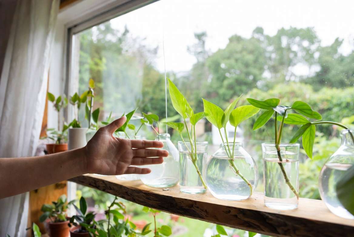 A hand casting a soft, fuzzy, undefined shadow over water propagation jars on a windowsill, demonstrating perfect bright, indirect sunlight conditions.