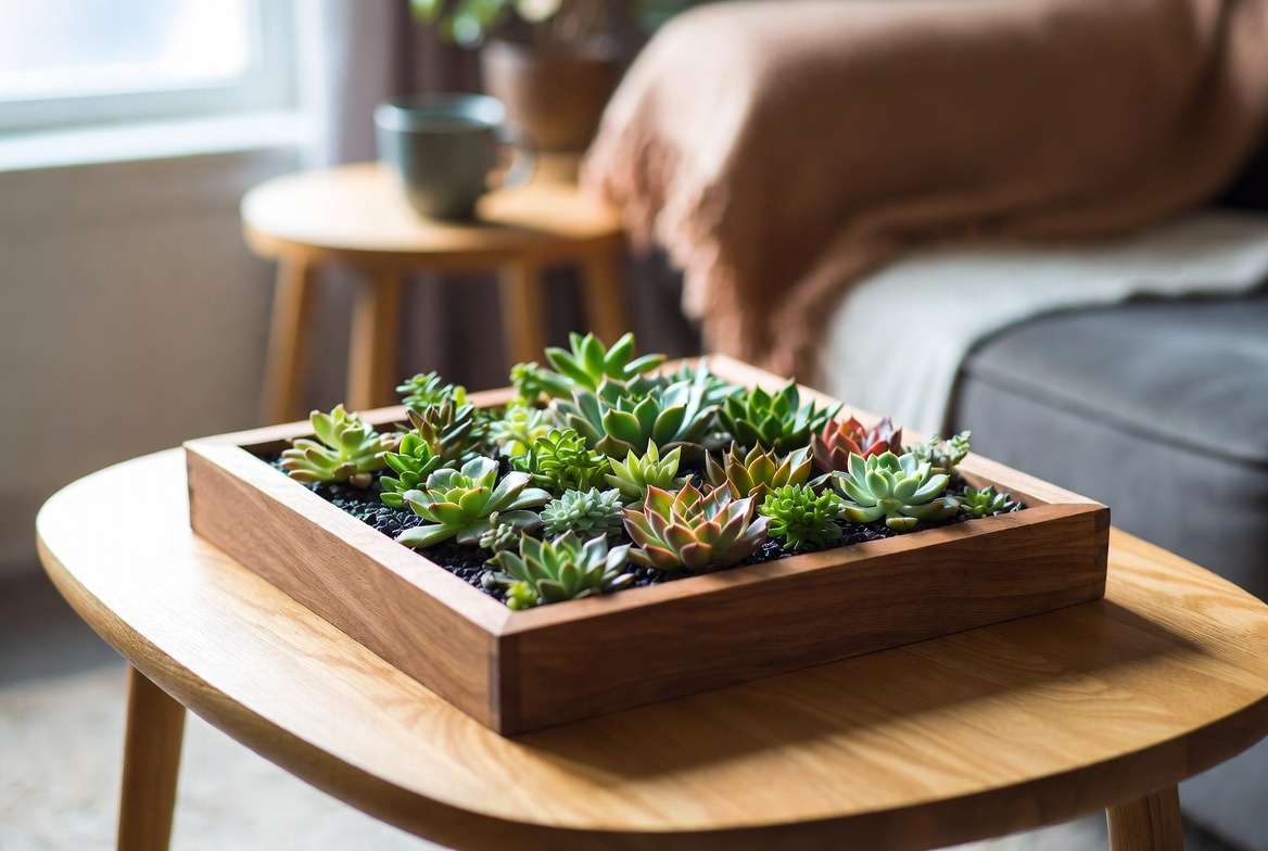 Established succulent frame lying flat on a modern coffee table during the critical rooting and acclimatization period.