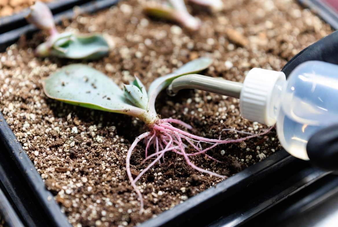 Close-up of applying a drop of water with a squeeze bottle to delicate pink succulent roots, demonstrating correct watering after they appear.