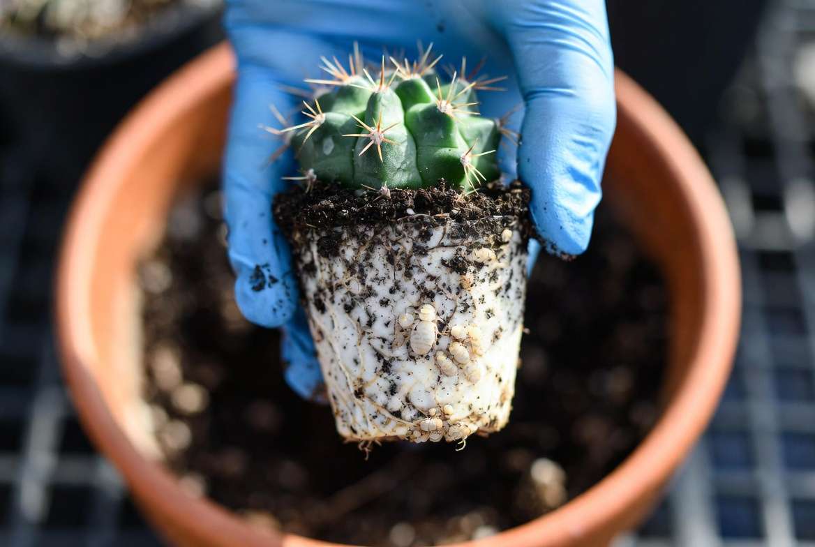 Exposed roots of an unpotted cactus showing a heavy infestation of white root mealybugs and fuzzy residue