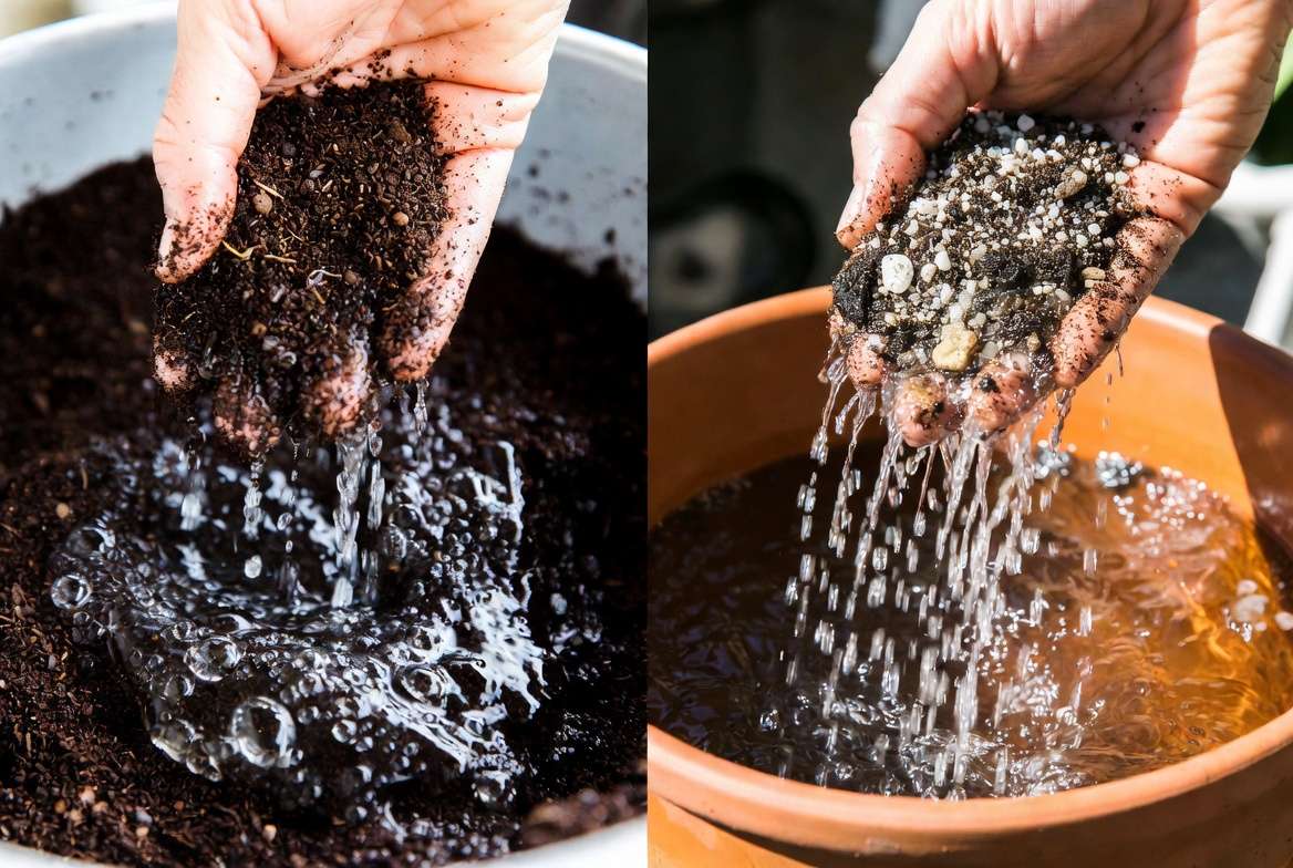 Comparative close-up showing water pooling on standard peaty soil versus water rapidly percolating through porous grit aggregates of the recommended custom succulent gritty mix recipe.
