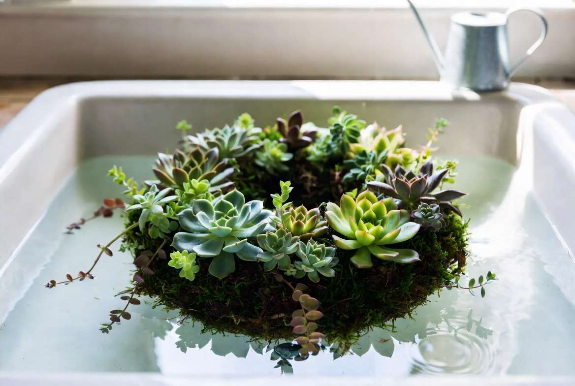 An established living succulent wreath being watered correctly by submerging it face-up in a shallow basin of water, illustrating the soak-and-dry care method.