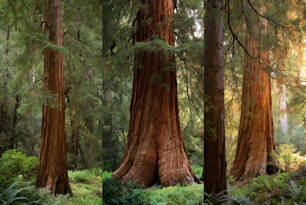 Comparison of coast redwood, giant sequoia, and dawn redwood trees showing key differences"
