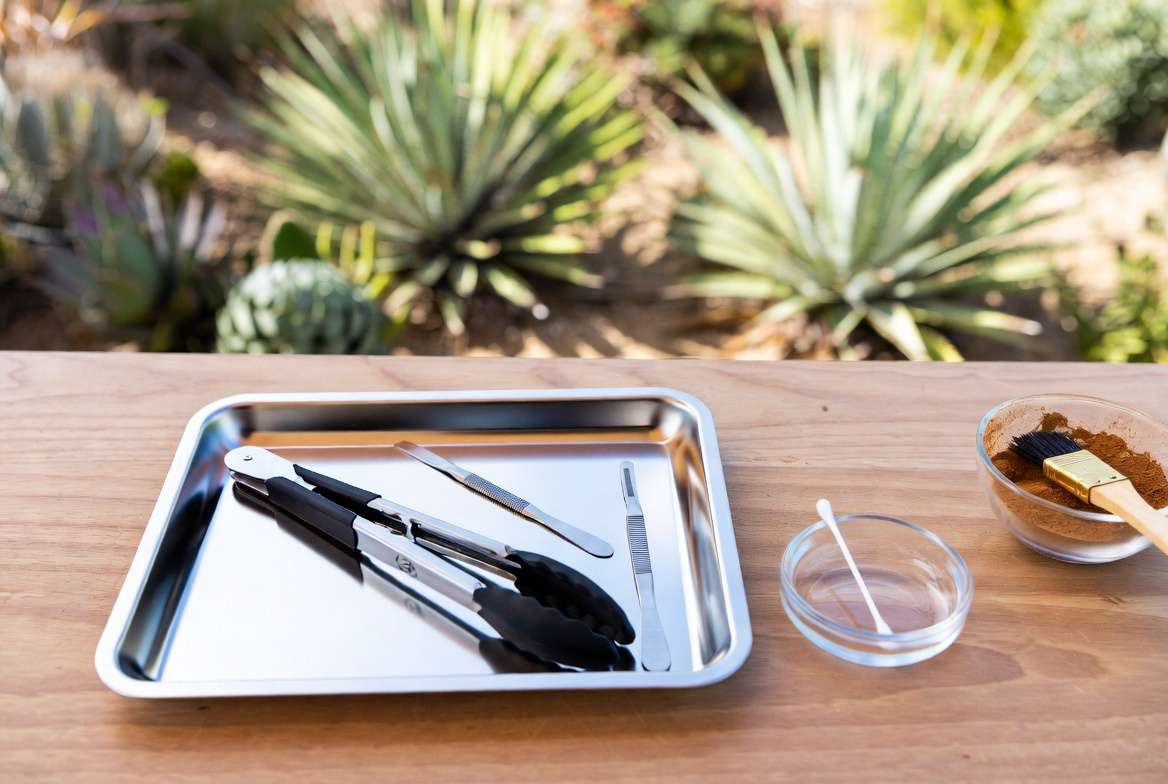 A top-down view of sterilized tools, a knife, tongs, and cinnamon powder prepared for cactus pup propagation.