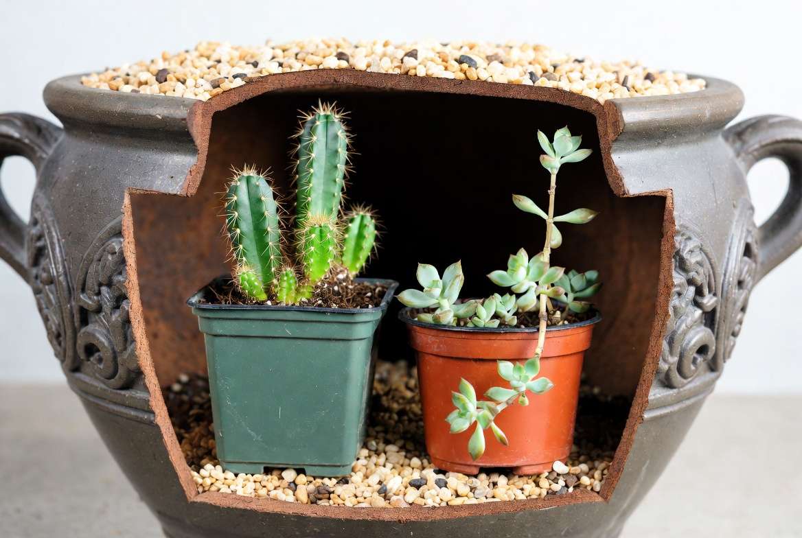 Cross-section diagram view showing two separate plastic nursery pots buried within a larger decorative planter.