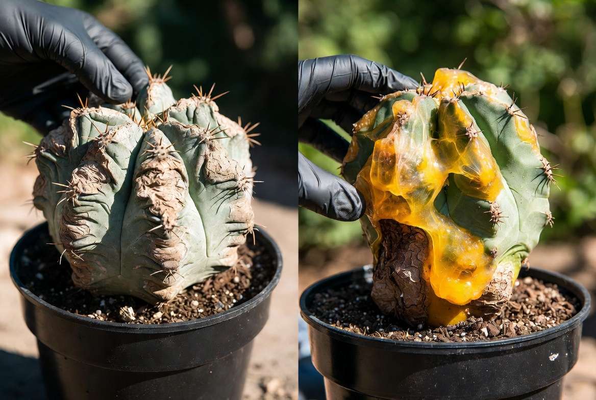 Diagnostic photo comparing a healthy, wrinkling, dormant cactus that needs no water (firm) with a cactus suffering from fatal yellow-brown root rot (squishy base).