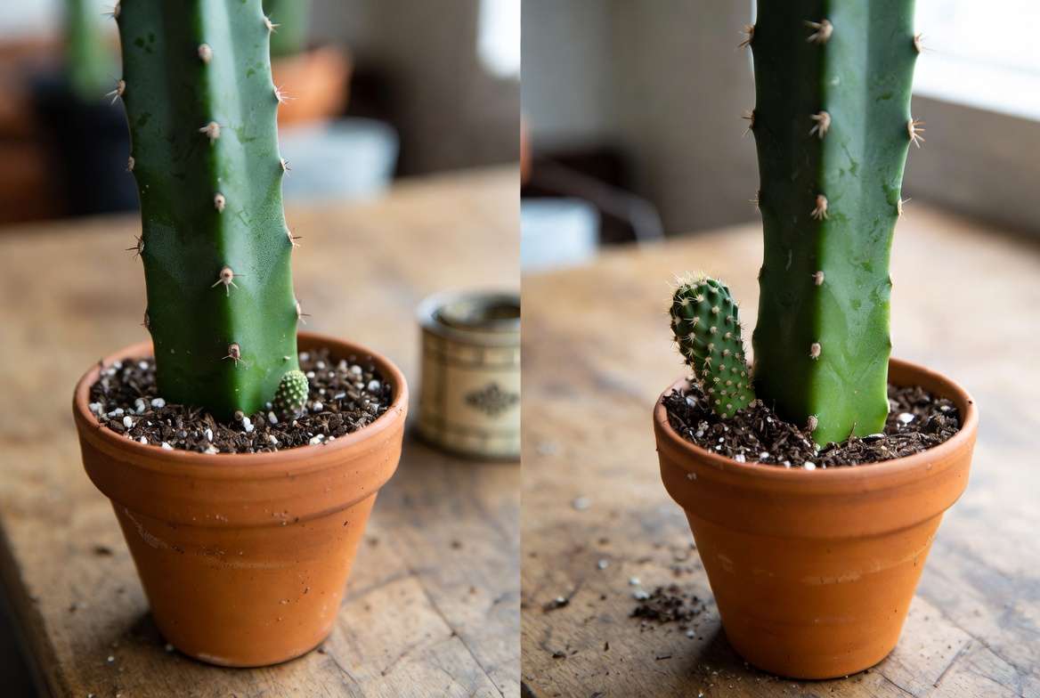 Two potted cacti showing a pup that is too small and one that is the ideal one-third size for removal.