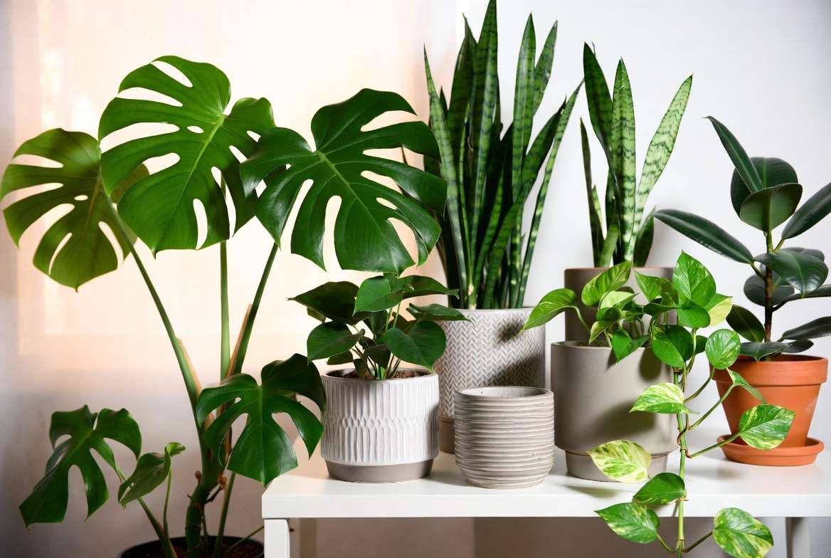 Modern plants collection including Monstera, Snake Plant, and Pothos in contemporary pots