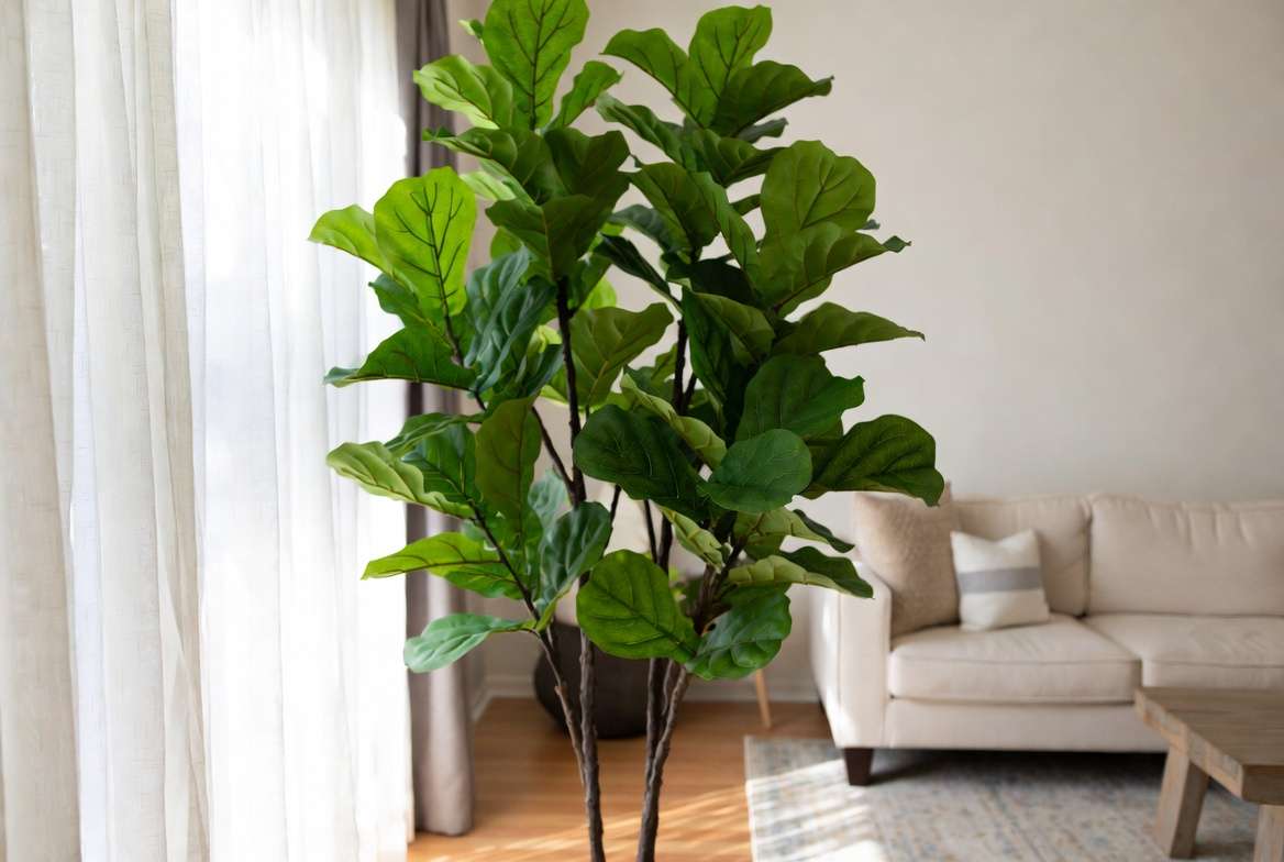 Best overall faux fiddle leaf fig tree styled in a modern living room