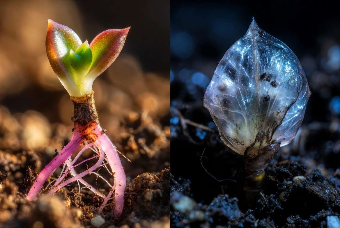 A split-screen visual diagnosis showing a healthy, rooting succulent leaf next to a black, mushy succulent leaf affected by bacterial rot.