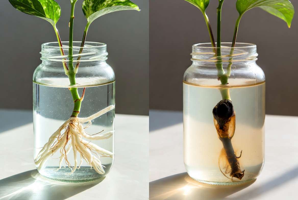 A side-by-side comparison of healthy white water roots in clear water next to rotted black stem tissue in cloudy water, demonstrating propagation troubleshooting.