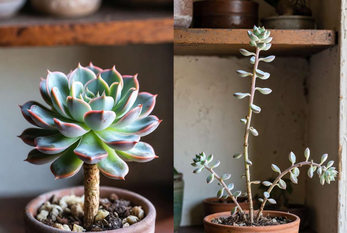 Side-by-side comparison of a compact, healthy succulent and a stretched, etiolated succulent due to light deficiency