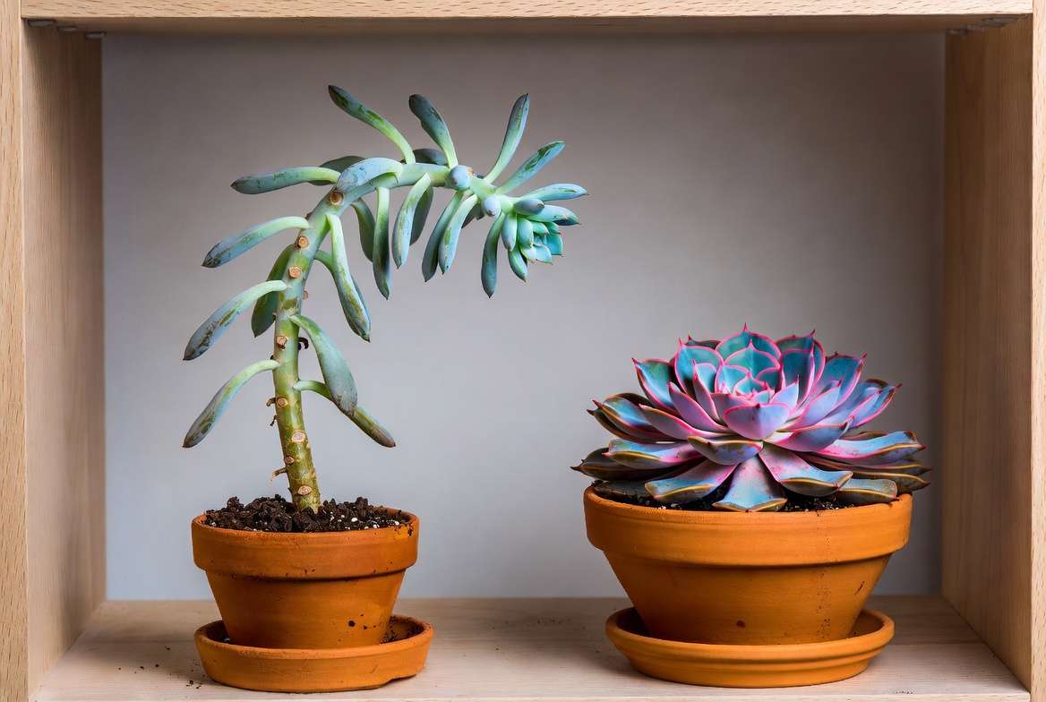 An etiolated (stretched) leggy succulent next to a healthy compact succulent, showing light deficiency.