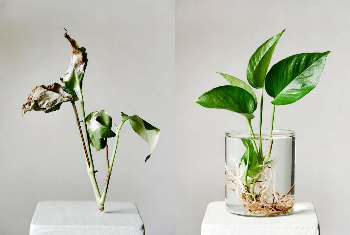 A clinical side-by-side comparison of a scorched and wilted plant cutting versus a healthy rooted cutting, illustrating the effects of wrong light.
