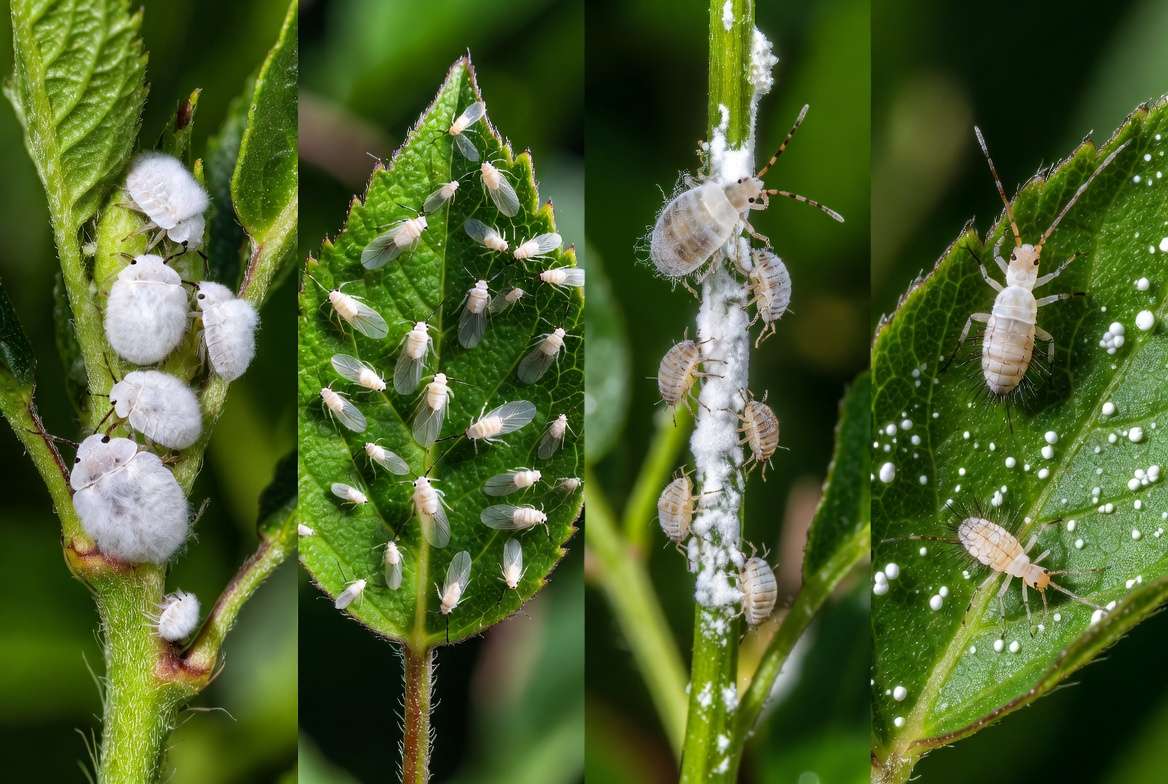 Tiny white bugs on plant leaves identification examples including mealybugs, whiteflies, and scale insects
