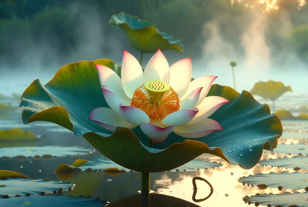 Sacred lotus plant blooming in natural pond showing botanical structure and symbolic purity