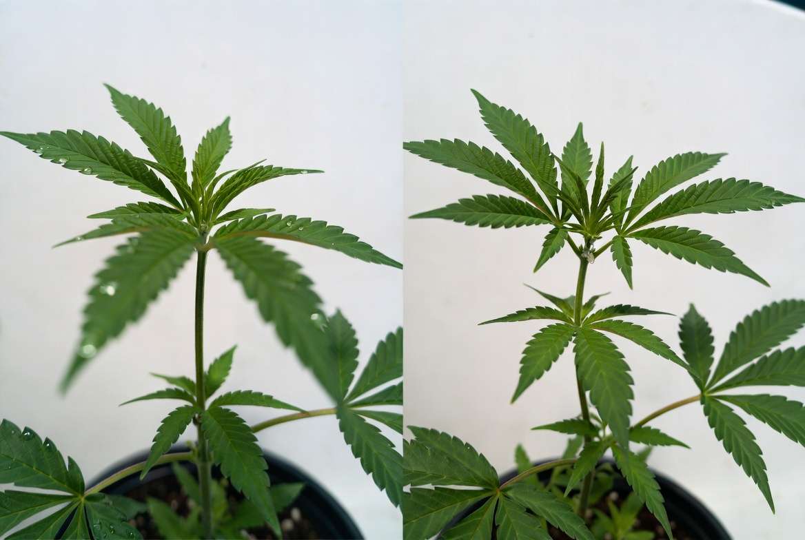 Cannabis plant before and after topping showing bushier growth from broken apical dominance