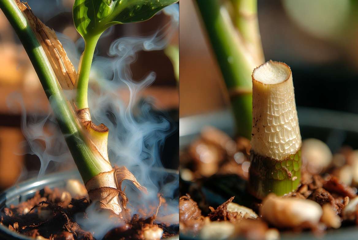 A split macro shot of a rootless plant cutting leaf transpiring moisture versus a bare stem node with no roots to absorb water