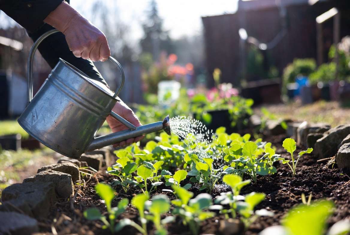 Watering young watermelon radish plants in a home vegetable garden