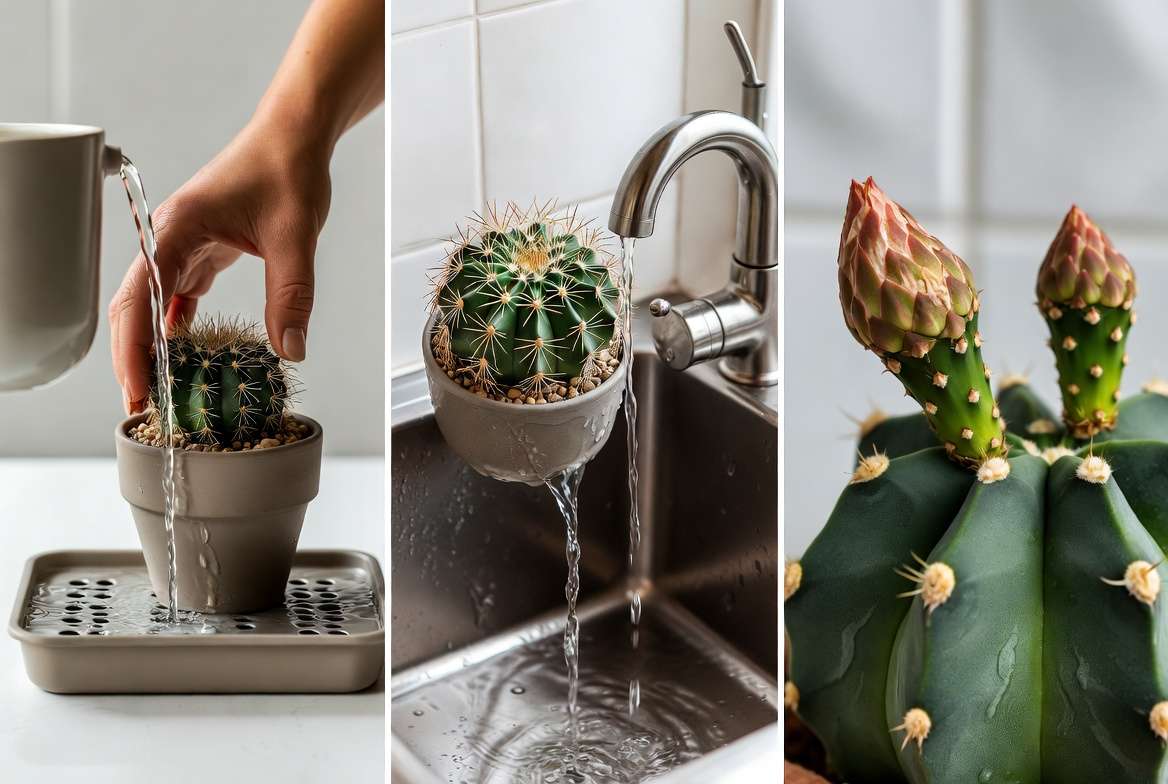 Photographic sequence illustrating the cactus soak-and-dry watering method, alongside a close-up of bud blast on a Gymnocalycium.