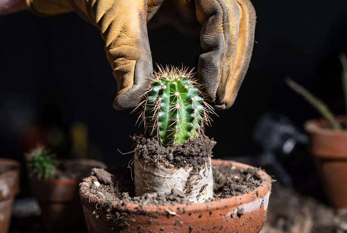 A gloved hand performing the 'tug test' on a newly rooted cactus pup in a pot of gritty soil.