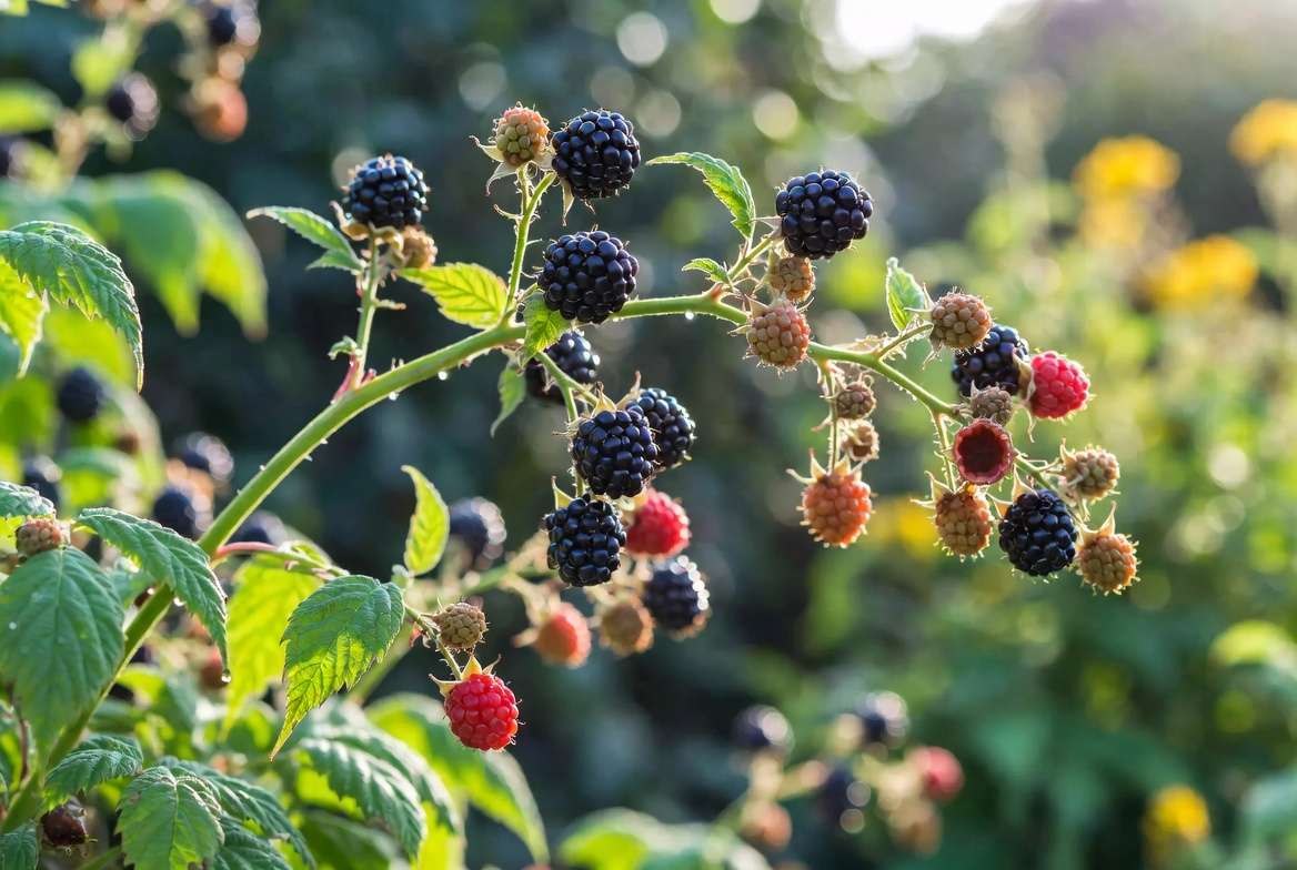 Close-up of ripe black raspberry plants showing fruit clusters and foliage