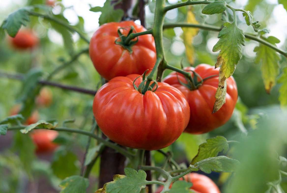 Close-up of ripe Mountain Fresh tomatoes on the vine showing size, shape, and quali