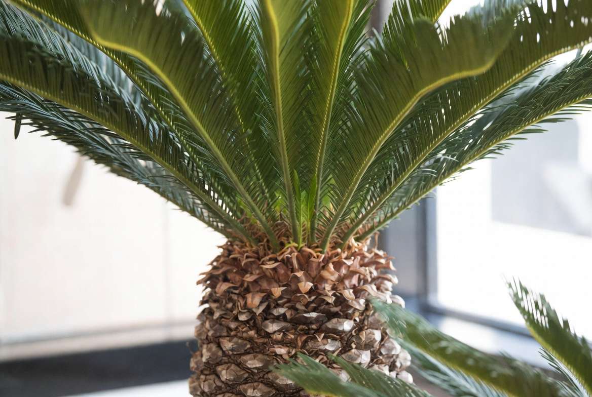 Healthy mature sago palm plant showing trunk and vibrant green fronds indoors