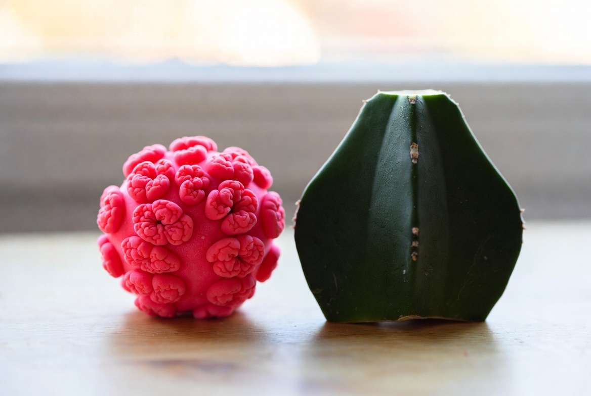 Separate components of a moon cactus, including the pink Gymnocalycium top and the green dragon fruit rootstock, resting on a wooden table.