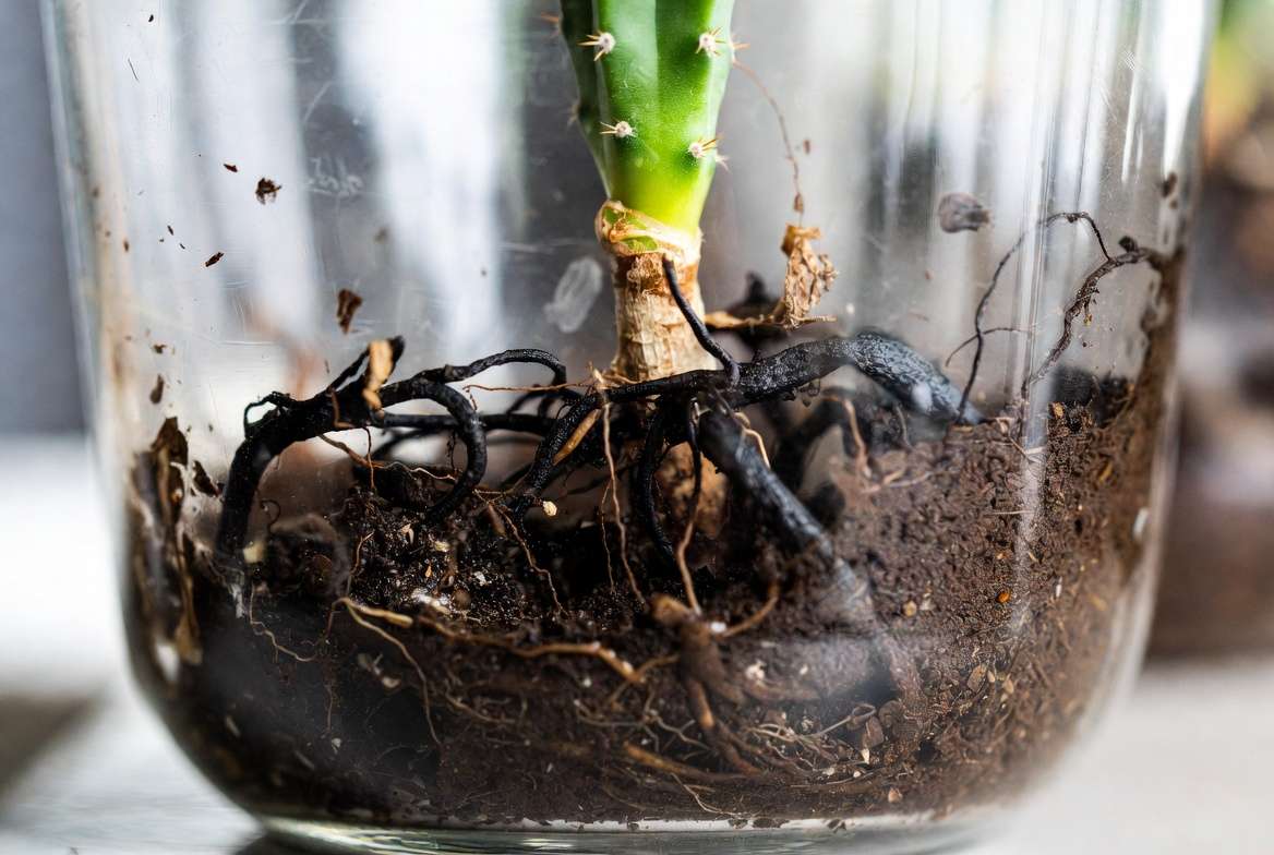 Macro photography showing root rot on a saguaro cactus sitting in muddy waterlogged soil.