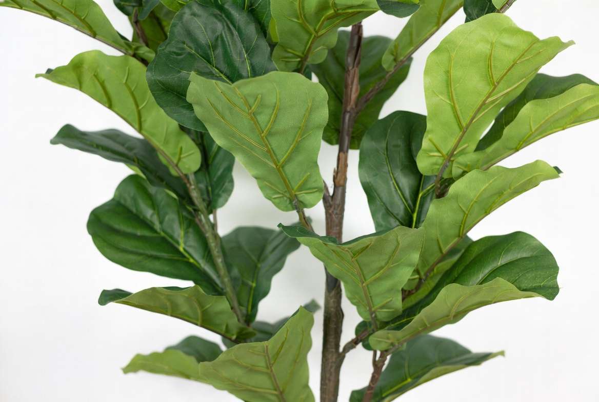 Realistic close-up of a high-quality faux fiddle leaf fig tree showing detailed leaves and tr