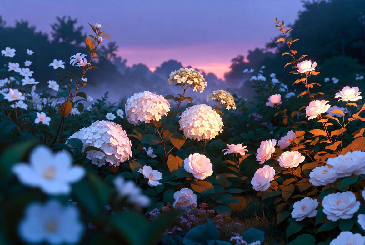 Serene garden filled with beautiful white flowers creating a peaceful atmosphere