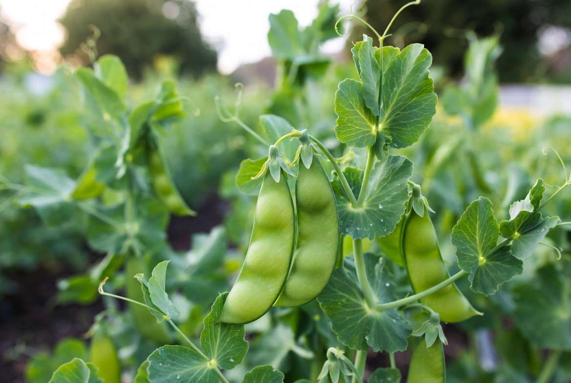 Close-up of sweet stringless Sugar Daddy snap pea pods on healthy vines ready for harvest