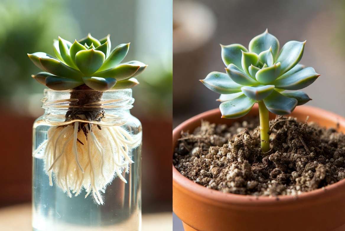 A split photo comparing the white roots of an Echeveria succulent thriving in a clear glass water propagation jar against an identical cutting placed in dry soil.