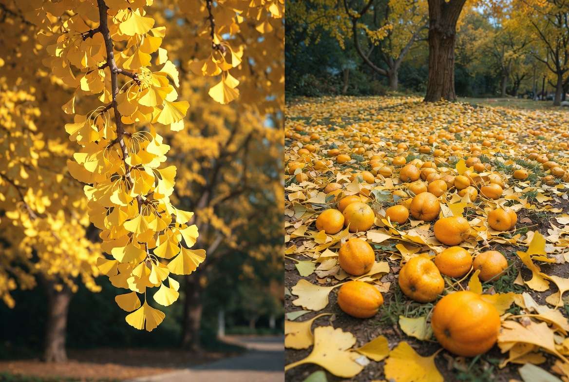 A comparison close-up of a clean male Ginkgo branch and messy fallen female Ginkgo fruit on a sidewalk.
